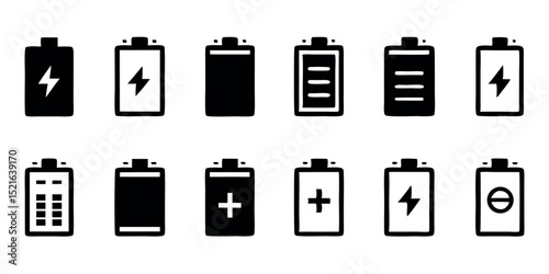 Minimal battery icons with various charge levels and energy indicators in flat black style, perfect for UI design, mobile apps, electronics, battery saver or energy themed projects