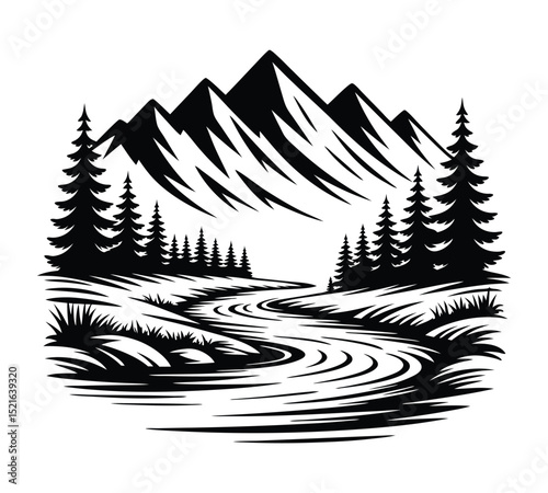 Mountain vector, Mountain landscape with river and pine forest, black and white vector illustration
