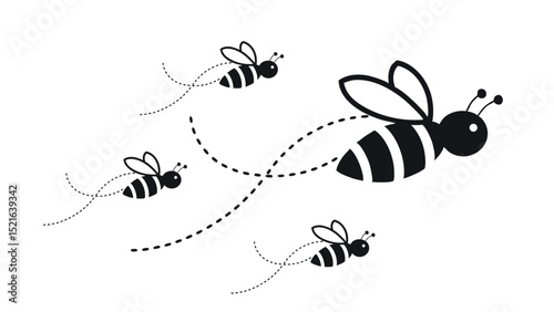 Bees Flying Around Flower in Black Vector Style for Nature, Spring, Pollination and Eco-Themed Designs