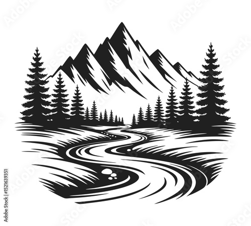 Mountain vector, Mountain landscape with river and pine forest, black and white vector illustration

