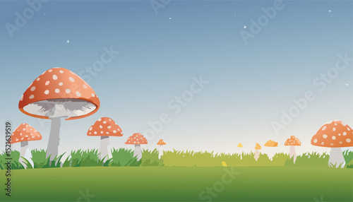 mushrooms in the grass illustrationfungal, mushroom, growth, cartoon, illustration, isolated, white, design, grass, green, nature, autumn, food, forest, plant, alien, choice, colourful, crown, dot, 