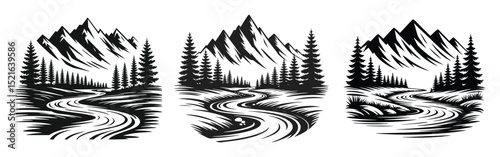 Mountain vector, Mountain landscape with river and pine forest, black and white vector illustration
