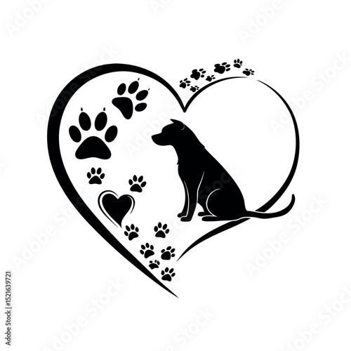 Heart and paw print vector design with dog silhouette for pet adoption, animal rescue, love for pets, veterinary and animal care themes