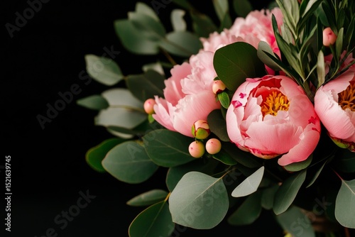 Pink Peonies and Greenery Arrangement on a Dark Background.