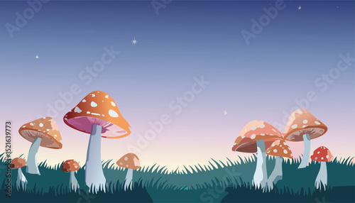 mushrooms in the grass illustrationfungal, mushroom, growth, cartoon, illustration, isolated, white, design, grass, green, nature, autumn, food, forest, plant, alien, choice, colourful, crown, dot, 