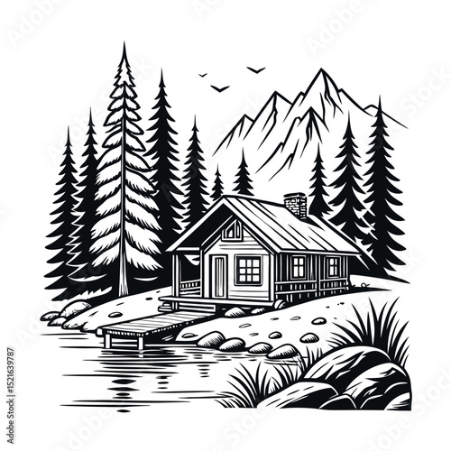 Vector landscape with mountain cabin, pine trees, and river for nature scenes, camping, outdoor adventure, travel and wilderness designs