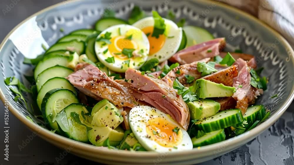 This vibrant smoked duck salad features fresh cucumbers, creamy avocado, and boiled eggs. A perfect low-carb meal option for those seeking a healthy, flavorful dish.