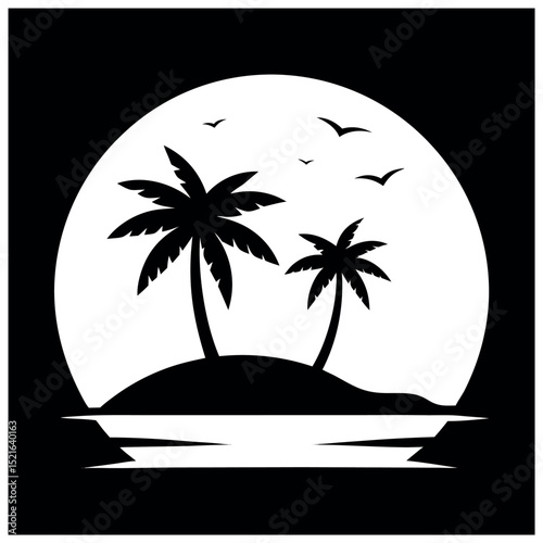Tropical island with palm trees sunset vector. Peaceful beach silhouette for nature, travel, summer, and tropical getaway themes.