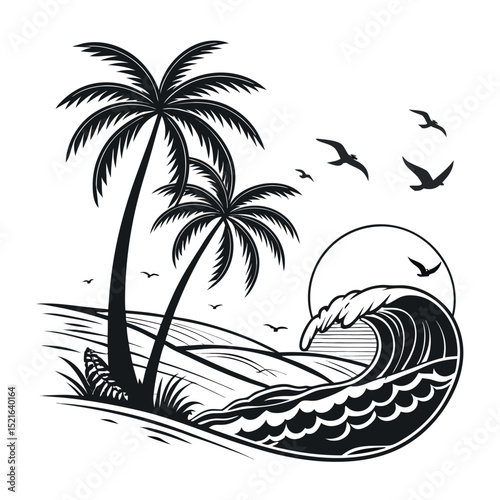 Palm trees with ocean wave and birds vector. Tropical beach scene silhouette for summer, vacation, and travel concepts.