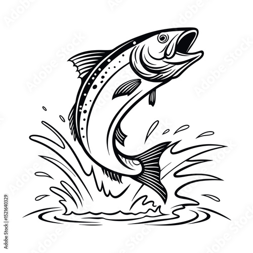 Jumping fish with water splash vector for fishing, angling, wildlife, outdoor sports and river nature illustrations