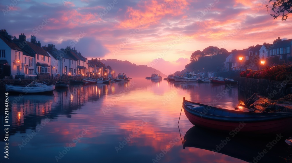 Fototapeta premium A calm coastal village at dawn, with fishing boats lying still on the mirror-like sea and the village bathed in the warm, gentle light of early morning
