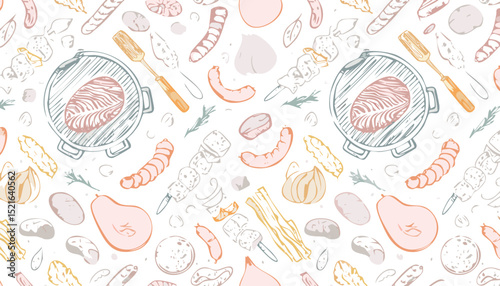 Barbecue background, sketch style with grill vector food. Meat steak, beef kebab, fish, sausage, rib, sauce. Barbeque doodle hand drawn illustration. Vintage BBQ Restaurant menu.bar-b-q, doodle, menu,