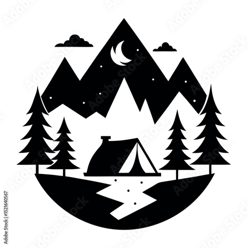 Night camping in mountains silhouette vector with tent, moon, and pine trees. Perfect for outdoor, hiking, and travel themes.