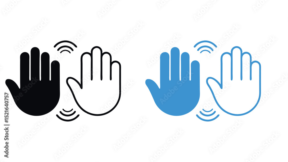 Fototapeta premium Hand gesture icon set – stop and wave signals in black and blue. Vector concept for user interface, communication, and safety.