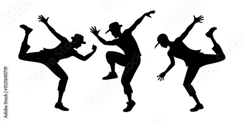 Hip hop breakdancers silhouette vector. Urban dance crew performing modern moves, perfect for dance event posters and apparel.