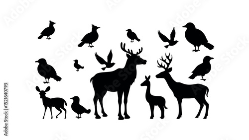 Forest wildlife silhouette vector set with deer, birds, fox, and more. Nature and wilderness themed illustration.