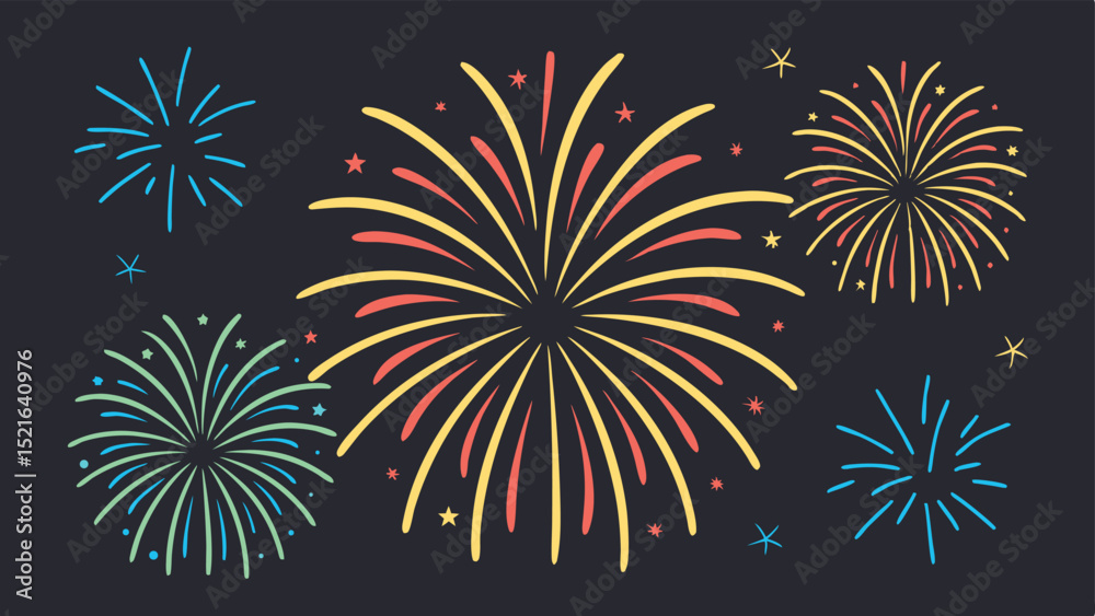 Colorful vector fireworks exploding with starbursts on a dark blue background design