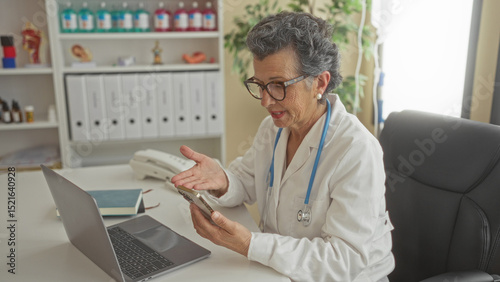 Wallpaper Mural Senior female doctor with grey hair and glasses in clinic office using smartphone and laptop, wearing stethoscope, appears engaged in a video call with patient via telemedicine platform. Torontodigital.ca