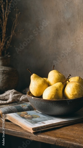 Fresh Yellow Pears Arranged in a Black Bowl on a Rustic Wooden Table.