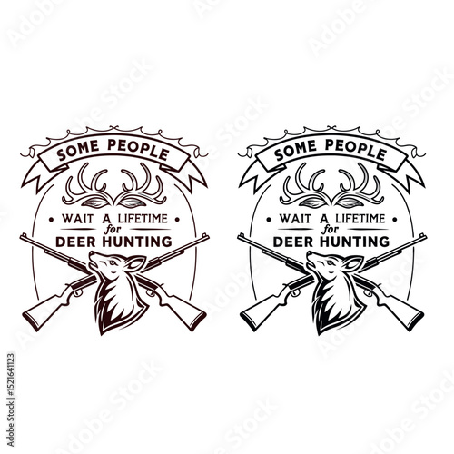 Vector hunting badge design with crossed rifles and deer heads, perfect for hunters, outdoor gear, and wildlife club branding