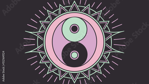 Colorful yin yang symbol with geometric sunburst style decorative elements