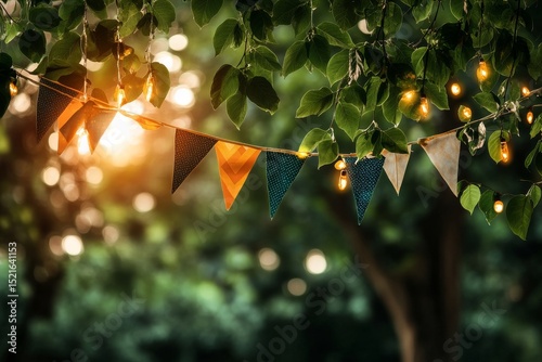 Decorative String Lights and Colorful Banners Adorn a Lush Outdoor Space Duri...