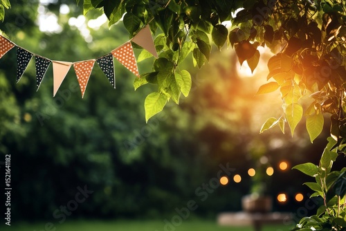 Decorative String Lights and Colorful Banners Adorn a Lush Outdoor Space Duri...