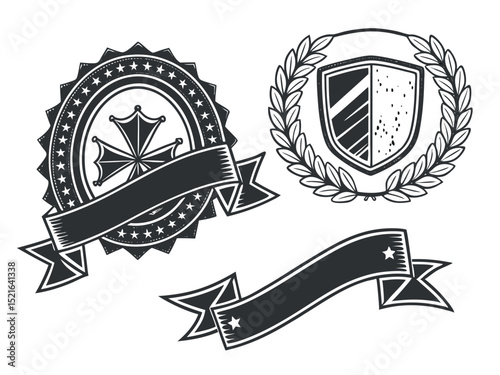 Vintage Heraldic Badges Set – Retro Emblem Designs with Stars, Shields, and Wreaths