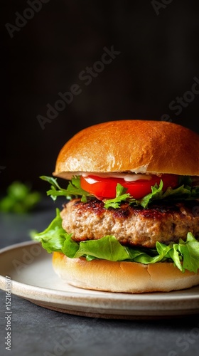 Juicy Homemade Burger With Fresh Lettuce and Tomato on a Wooden Plate