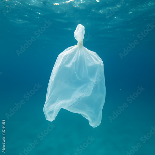 Plastic bag floating underwater in ocean pollution concept, symbolizing marine environmental damage, plastic waste crisis, and the need for ocean conservation and cleanup photo