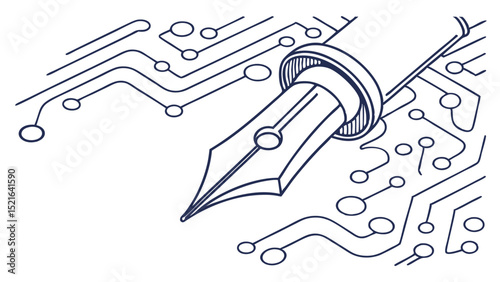 Creative concept depicting a fountain pen integrated with circuit board elements