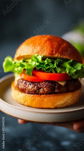 Perfectly Layered Hamburger With Fresh Lettuce and Tomato Garnishing Served o...