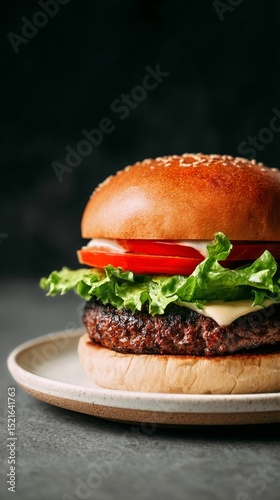 Perfectly Layered Hamburger With Fresh Lettuce and Tomato Garnishing Served o...