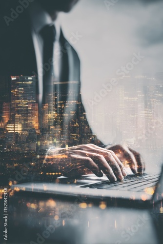 Business Professional Typing on Laptop With City Skyline Overlay at Twilight