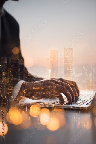 Business Professional Typing on Laptop With City Skyline Overlay at Twilight.