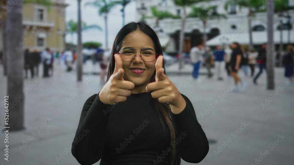 Fototapeta premium Smiling woman points fingers with confidence on a bustling street with people strolling by during a sunny day.