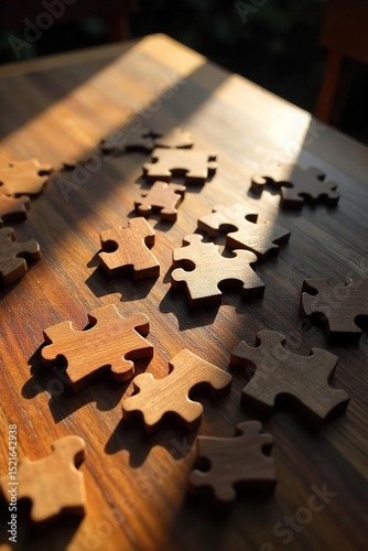 Intricate wooden puzzle pieces scattered on a rustic table, sunlight streaming in, highlighting the complex interlocking design A challenging yet rewarding brain teaser awaits , skill, challenge