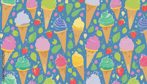 Ice cream pattern. Vector seamless background. Cute summer crayon icecream drawing. Sweet fruit cone. Watercolor popsicle gelato sundae seamless pattern with kid crayon texture.children, birthday, 