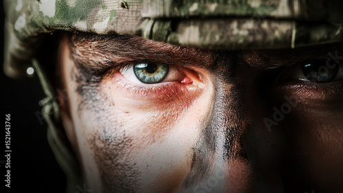 Closeup of soldier face with intense blue eyes, camouflage face paint, and serious expression, wearing military helmet, conveying focus and determination