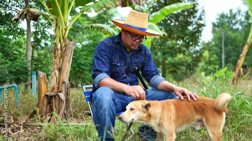 Farmer resting with his dog in a fruit orchard. Represents rural lifestyle, agricultural harmony, companionship, and peaceful moments in nature. Ideal for organic farming and countryside themes.