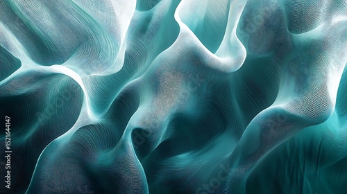 Abstract Turquoise Woven Fabric Texture with Fluid Forms and Artistic Light, Creating a Modern Digital Art Piece.