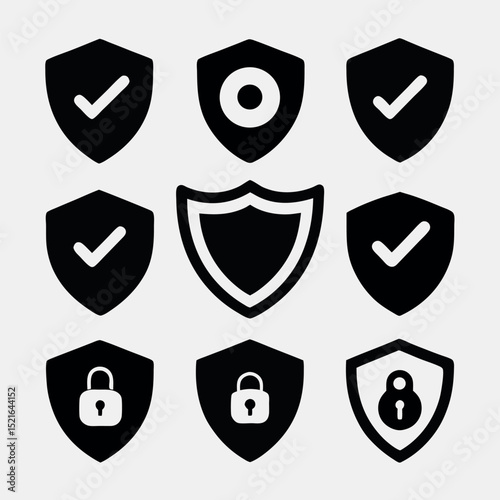 Shield and lock security icon vector set includes protective badge designs perfect for cybersecurity, app interface, privacy protection, and secure login graphics.