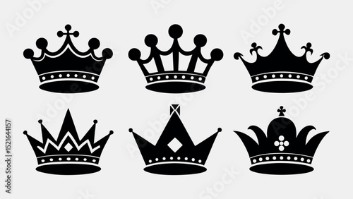 Collection of black royal crown vector silhouettes for luxury design, emblem creation, royal themes, elite branding, and heraldic illustrations.