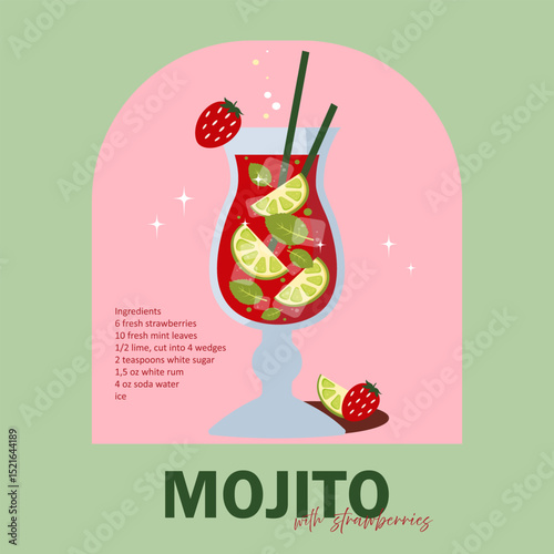 Mojito cocktail with strawberries recipe.Illustration of strawberry mojito in retro style. Strawberries, mint leaves and lime in a tall glass. Retro poster in pastel colors. Green and pink background.