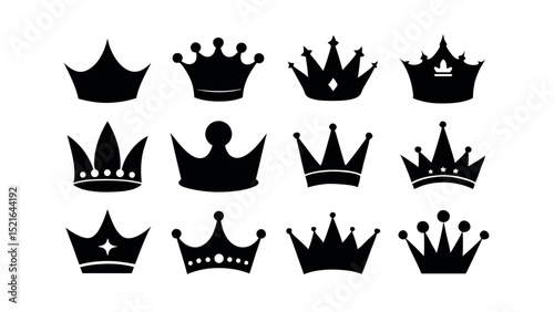 Royal crown silhouette vector set featuring elegant icons suitable for luxury branding, royal themes, pageants, VIP graphics, and regal design projects.