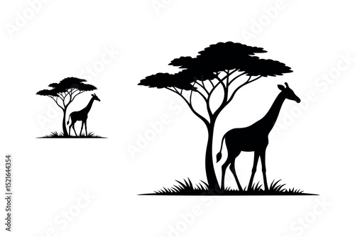 African safari giraffe and tree silhouette vector illustration perfect for wildlife, jungle nature scenes, animal-themed artwork, and decorative African savanna design projects.