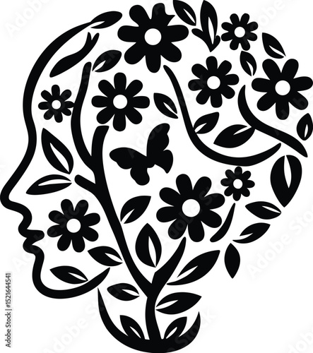 A decorative silhouette of a woman's profile filled with flowers butterflies and leaves in black and white