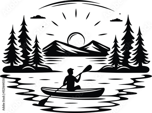 A black and white scenic landscape silhouette of a kayaker paddling on a lake with mountains sun and trees