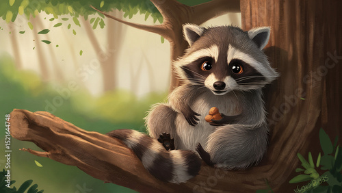 Adorable raccoon enjoying nuts on tree branch