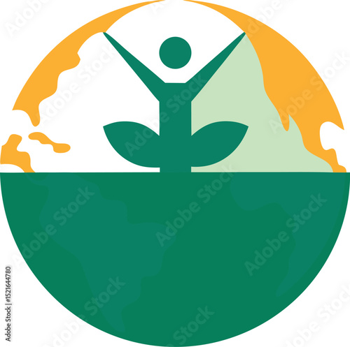 Abstract representation of global well-being and nature showing person with raised arms inside an earth and organic shapes illustration